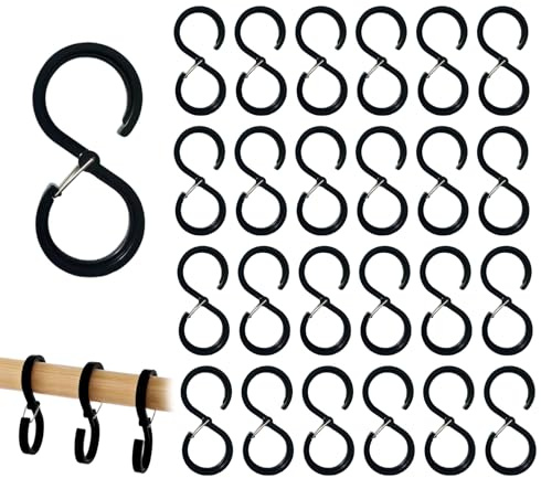 25 Stück S Haken Schwarz Klein, Kunststoffhaken für Kleiderstange,Aufhängehaken,hacken,hakenverschluss kleidung,S-Haken mit Sicherheitsschnalle Anti-Drop, Haken Zum Einhängen für Küche Badezimmer