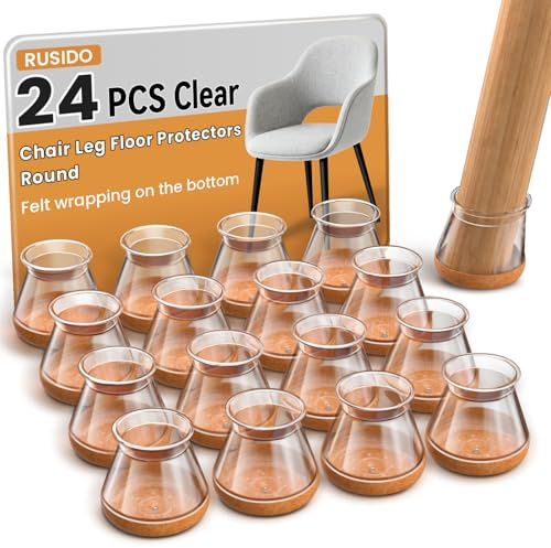 RUSIDO 24 pièces Protection Pied de Chaise Silicone Transparent | Rounde patins en feutre pour chaises,adaptés aux pieds droits et inclinables,Anti-rayures,Réduire le bruit (S Fit: 14-20mm)