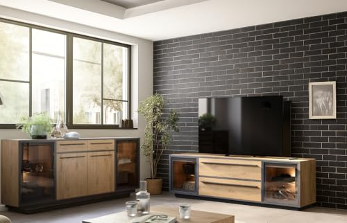 moebel-dich-auf Wohnwand Nardo in Wildeiche Verschiedene Board-Sets, Lowboard, Sideboard, Braunglas, Softclose, inkl. LED-Beleuchtung