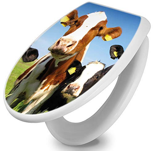 banjado Toilettendeckel mit Absenkautomatik 44,5x37cm / WC Sitz mit Absenkautomatik/Toilettensitz Duroplast mit Edelstahl Scharnieren/Klodeckel mit Absenkautomatik Motiv Kühe