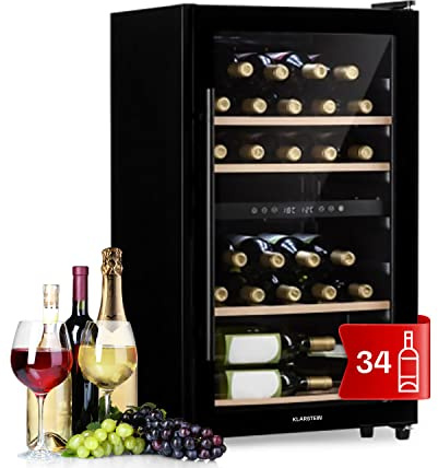 Klarstein Cantinetta Vino, Cantinetta Vino Refrigerata a Zona Doppia per Interno/Esterni, Frigo Bar, Cantina con Vetrina, Mini Bar con Protezione UV, Frigo Touch, 5-18°C, 34 Bottiglie