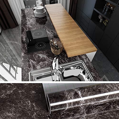 VEELIKE Klebefolie Marmor Tapete Dunkel Möbelfolie Abwaschbare Mamorfolie Selbstklebend Küchentapete Marmoroptik Wand Tapeten Dekofolie Für Möbel Wohnzimmer Badezimmer Küche Schrank 40cm x 600cm