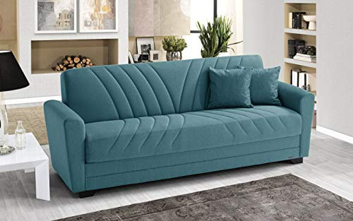 3-Sitzer-Sofa aus Stoff, waschbar, türkis, 220 x 88 x 83 cm, Stauraum, umwandelbar in ein französisches Bett
