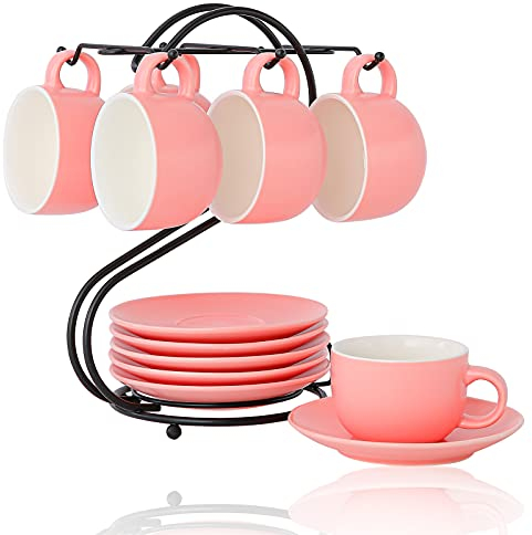 Set Tazze da Caffe Espresso con Piattino e Portabicchieri(135ml), Candiicap Tazzine da Caffè in Ceramica per Cappuccino, Latte Macchiato, Espresso, Americano, Tè(135ml,Rosa Opaco)