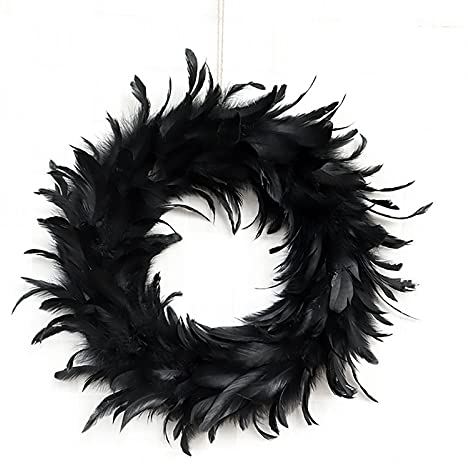 Pomrone 40cm Schwarzer Federkranz, Halloween Kranz Für Haustür, Cocktail Feder Kranz Dekor Hexe Spooky Scene Requisiten