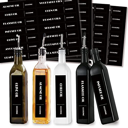 144 PCS Oil Bottle Labels, Washable Waterproof and Stain Resistant Vinyl Condiment Stickers, Black Minimalist Sauce, Vinegar Pre-Printed Labels for Kitchen/Pantry Organization Storage/Outdoor BBQ