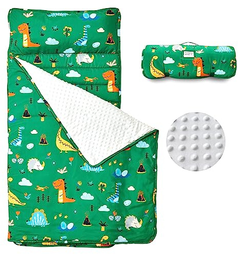 beeweed Toddler Nap Mat, Rollup Design Kid Sleeping Mat with Removable Pillow & Minky Blanket, Toddler Sleeping Bag for Daycare Preschool Travel Camping, Dinosaur