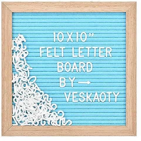 Filz-Buchstabenbrett mit 294 Buchstaben, Zahlen und Symbolen, 25,4 x 25,4 cm, austauschbares Nachrichtenbrett mit Holzrahmen, Wandhalterung, Blau und Holz