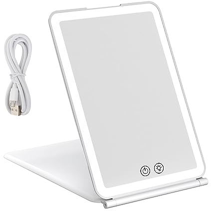 Espejo de Maquillaje de Viaje con 72 Luces LED, USB Recargable Espejo de Maquillaje Portátil Iluminado, Iluminación de 3 Colores, Regulable, Delgado Espejo Cosmético de Sobremesa (Blanco)