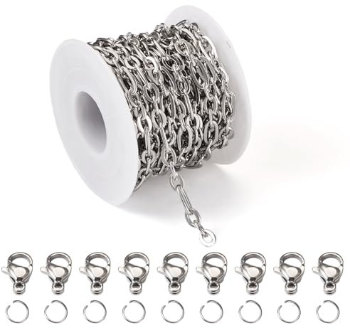 Bestewelry 5m 304 Stainless Steel Figaro Chains Oval Link Chains Necklace Chain with Lobster Claw Clasp Jump Rings for Men Women Hip Hop Jewelry Making