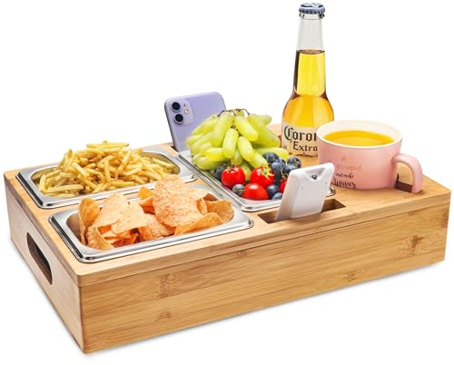 Couchbar Snackbox, Snackspender mit 3X Snackschalen, Abnehmbarer Deckel, Sofatablett aus Holz, Couch Bar mit Getränkehalter, Snackbox mit Fächern, Couch Organizer Tablett, Sofa Butler