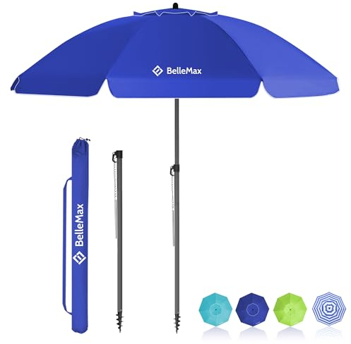 BelleMax Parasol de Plage Exterieur, avec ancre de sable 12 cm & Sac de Parasol, Inclinable sur 30°, Hauteur réglable, pour Balcon, Plage, Terrasse, Protection Solaire UV50 +,Bleu,200 cm