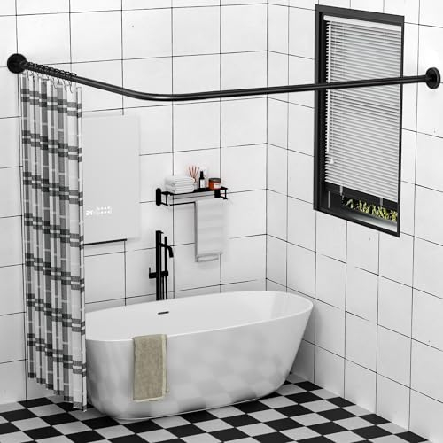 Sikaiqi Dehnbare 304 Edelstahl L-Form Badezimmer Badewanne Ecke Duschvorhangstange (Schwarz 60-133 cm x 180-215 cm), bohrfreie Installation, für Badezimmer, Bekleidungsgeschäft, Privatraum