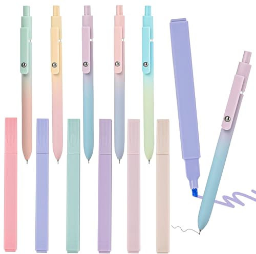 VCRANONR 11 Stück Textmarker Pastell, 5*0.7mm Kugelschreiber, Gelschreiber Schwarz, Tintenstifte, Highlighter Pen, Aesthetic Textmarker Pastell Set Schnelltrocknende Kugelschreiber für Schulen, Büros