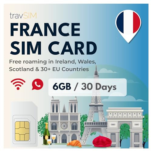 travSIM Frankreich SIM-Karte | 6GB Daten / 4G/5G Geschwindigkeit |Unbegrenzte Anrufe |Nutzen Sie Frankreich SIM-Karte in UK 30+ EU-Länder |Plan auf SIM-Karte für Frankreich ist für 30 Tage gültig