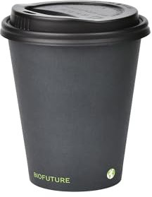 BIOFUTURE Biodegradable Coffee Cups – Black, 50 Count Disposable, 6 Ounce Paper Cups with Lids – Eco-Friendly and 100% Compostable – Ideal for Tea, Coffee, and Hot Drinks (50 Pcs, Black, 6oz)