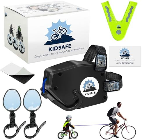 KIDSAFE Remorquage Parent-Enfant 6-en-1 / Cable Traction Velo (3m), Gilet Réfléchissant, Rétroviseurs, Barre Traction Velo Enfant Tire Velo Ultra-Sécurisé