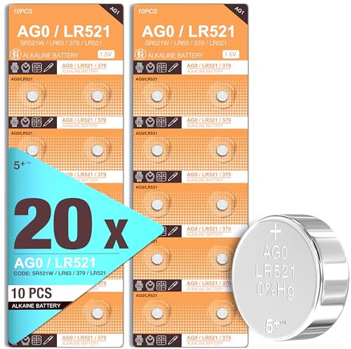 5Plus Group 20 Pcs AG0 LR521 379 SR521 SR521W Alkaline Button Cell Batteries – Ideal for Watches, Calculators, Toys, Lasers, Clocks, Thermometers, and More