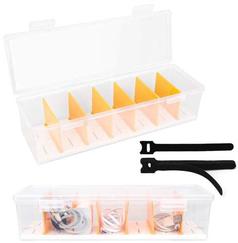 BOXOB 2pcs Cable Storage Box with 16pcs Wire Clips, Clear Cable Organizer Box Phone Charger Organizer Case Electronic Storage Case for Drawer Desk Office Home