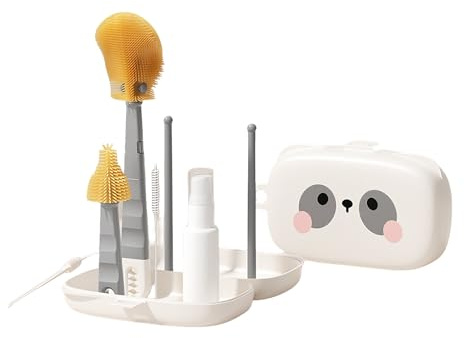 Cute Panda Baby Bottle Brush Set - 7 in 1 Travel-Friendly Bottle Cleaning Kit with Silicone Brush, Nipple Brush, Soap Dispenser & Portable Case - Ideal for Home and Travel, White