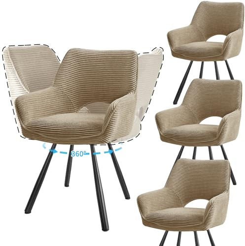 JIJIAN 4er Set 360° Drehbare Esszimmerstühle mit Armlehnen, Braun | Drehbar Stühle Esszimmer mit Metallbeinen, Moderner Küchenstuhl aus Cord, Polsterstuhl für Esszimmer, Küche, Wohnzimmer