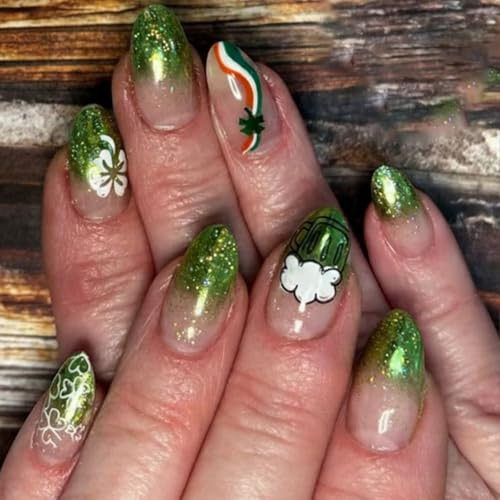 Fertig auf Nägel, 24 Stück, grüner Glitzer und Regenbogen-Kleeblatt-Muster für Feiern, verleiht Charme und Glück, Glitzer und Regenbogen-Kleeblatt-Muster für Feiern