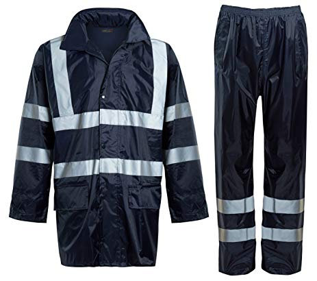 shelikes Hi VIS Viz & Plain Rainsuit 2 Piece Set High Visibility Men Women Hooded Puddle LaShelikes dies Rain Suit Jacket & Trousers Waterproof PVC Workwear Rain Wear Size S-4XL (Navy Hi Vis, XL)