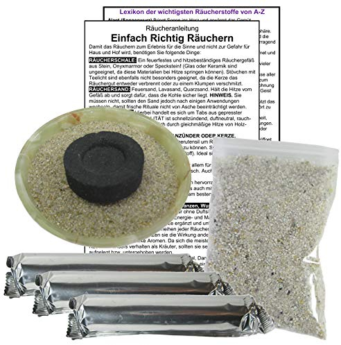 Räucherschale Naturstein 6-TLG Räucherset zum Räuchern für Anfänger & Profis mit Zubehör. Onyx Schale + 30 X Räucherkohle + Räuchersand + Räucheranleitung mit Lexikon der Räucherstoffe. 81586-G