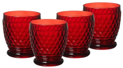 Villeroy & Boch Boston Coloured Becher Red 4er Set, 330 ml, Farbige Trinkgläser mit Facettenmuster, Becher aus Kristallglas für Heiß- und Kaltgetränke, Spülmaschinengeeignet, Rot