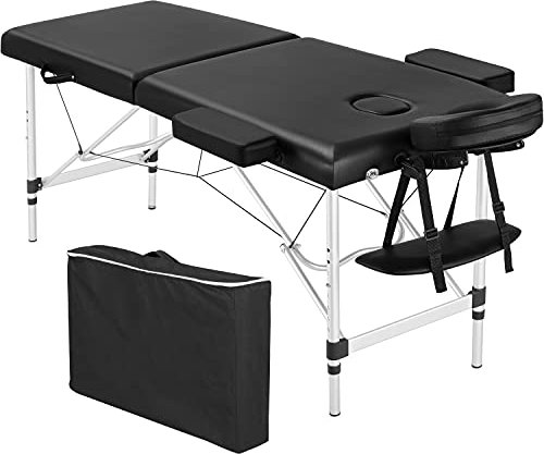 Yaheetech Folding Massage Table Portable Salon Couch Bed Professional Beauty Tattoo Therapy Table Adjustable 2 Sections Aluminum Black