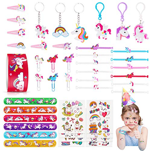 JOYUE 50 PCS Anniversaire Licorne, Bracelets, Porte Clés, Tatouage Enfant, Epingle à Cheveux, Signet, Bracelets Slap, Jouet Kit Fête, Pinata, Fille Cadeau D'anniversaire