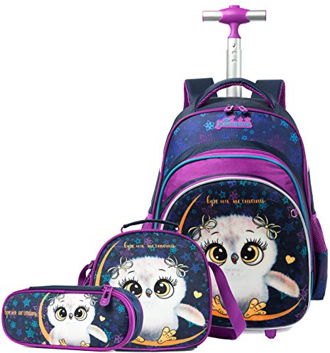 HTgroce Eule Schulranzen Rucksack Trolley mit 2 Rollen für Kinder Mädchen,Nylon,Kinder Schultrolley Geeignet für Schule und Reise,Mit Essensbeutel und Federmäppchen,Grün