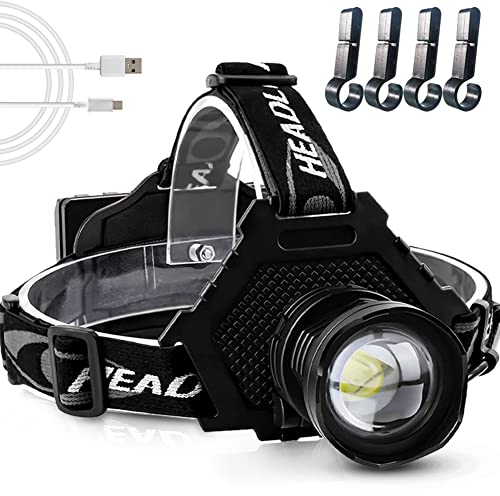 Rechargeable Head Torches LED Super Bright XHP70 Hard Hat Light 20000Lumens with Battery & Helmet Clips,Zoomable 5 Modes Output Function Professional Headlamp for Camping Outdoor Hiking Working