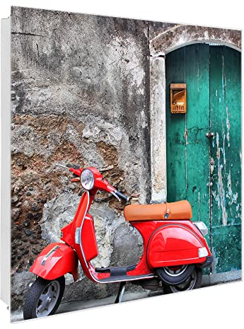 banjado® Großer Schlüsselkasten aus Glas - Schlüsselbox 30x30cm 50 Haken - Motiv Italienischer Roller - Schlüsselschrank für Schlüsselaufbewahrung mit beschreibbarer Glastür als Magnettafel nutzbar