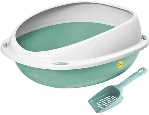 CAT CENTRE Green Jumbo Cat Open Litter Tray With Rim +Litter Scoop Bundle Kitten Pet Toilet Plastic Loo Pan Box Set Anti-Spillage Lowered Entry Step Rounded Corners Detachable Rim Easy Cleaning