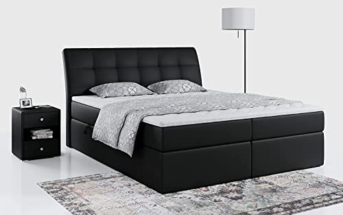 MKS MEBLE Boxspringbett 180x200 Schwarz Kunstleder, Bett mit Multipocket Matratze H4 und Topper, Polsterbett 180x200 mit Bettkasten und Kopfteil, DIEGOS Schwarz Kunstleder