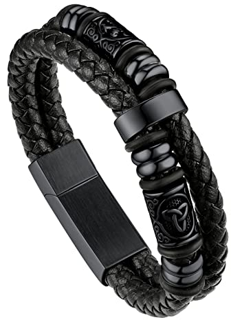 Bandmax Bracelet Homme Cuir Tressé Multicouche pour Homme 21cm avec Perles de Viking Nordique Inoxydable, Bijoux Homme
