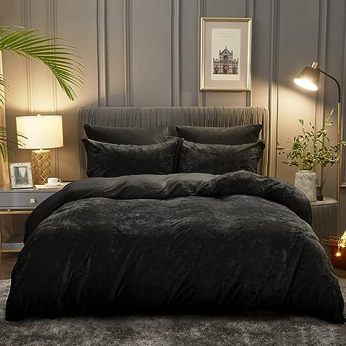 PHF Samt Bettwäsche 135x200, Luxus Flauschig Bettwäsche 135x200 cm mit 2er Kissenbezüge 80x80 cm, Kuschel Velvet Bettbezüge, Schwarz