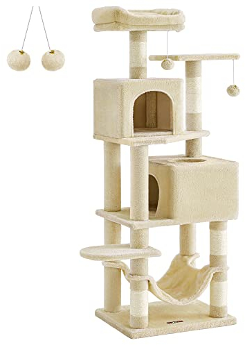 Feandrea Cat Tree, 155 cm Cat Tower for Indoor Cats, Plush Multi-Level Cat Condo with 5 Scratching Posts, 2 Caves, Hammock, 2 Pompoms, Beige PCT192M01