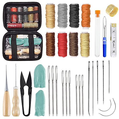 Kleemeiero 32Pzs Kit de Costura de Piel con Hilo Encerado 8 Colores 0,3mm 96m y Agujas de Coser a Mano Set de Costura Cuero Juego de Herramientas de Costura de Piel para Craft, Zapatos, Sofá de Cuero
