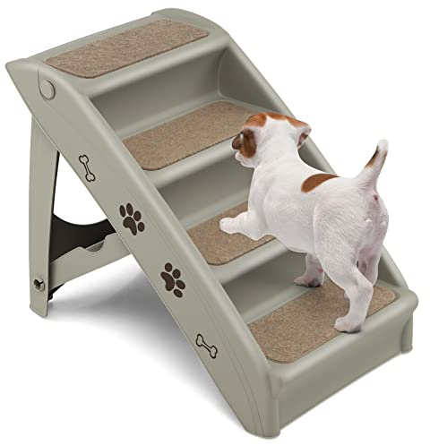 GOPLUS Hundetreppe mit 4 Stufen, Tragbare Tiertreppe aus Kunststoff, Klappbare Treppe für Haustiere, Einstieg für Kofferraum&Bett&Couch&Auto, mit Rutschfester Oberfläche, bis 60kg belastbar (Grau)