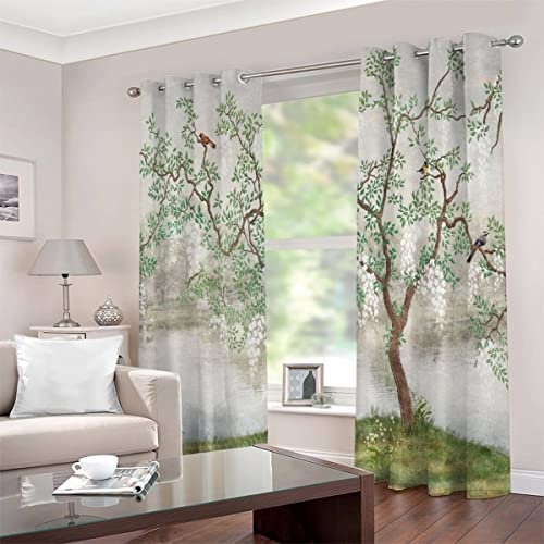 JIARAO Gardinen Vorhänge Ösen 2 Stück Japanischer Garten Vorhang Schlafzimmer Geräuschreduzierung 3D Drucken Baum Am See Luxus Hochwertig Abdunklungsvorhänge 220 x 215 cm BxH