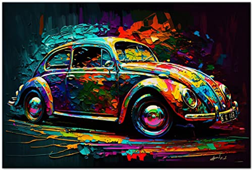PRINTONIA Leinwand-bild 120x80cm Volkswagen VW Käfer Oldtimer Abstrakt Grafik Art Automobil Bilder Deko Dekoration Wandbild Kunstdruck