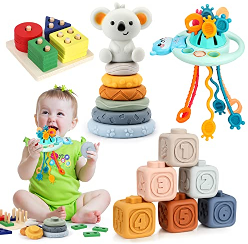 ELIAUK 4-in-1 Montessori Spielzeug ab 1 2 Jahr, Spielzeug zum Ziehen, Sortieren und Stapeln von Bausteinen und Ringen, Sensorisches Spielzeug für Babys, Jungen und Mädchen, die Fähigkeiten entwickeln