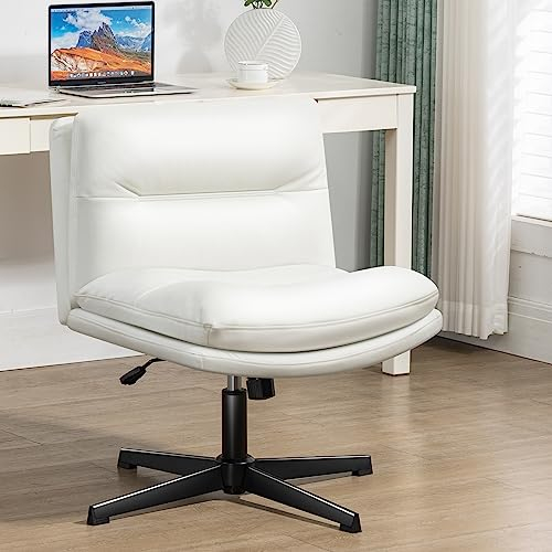 Ahua Bürostuhl, ohne Armlehnen, ohne Räder, Schminkstuhl, mittlere Rückenlehne, ergonomisch, Heimbüro, Computerstuhl, bequem, verstellbar, Drehstuhl mit verdicktem Kissen (weiß)