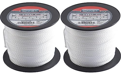 Connex Maurerschnur weiß - 100 m Länge - Ø 2,0 mm - Polypropylen geflochten -Knotenfest -Reißfest & Belastbar - Auf Spule, Richtschnur, Bauschnur, Lotschnur, Pflasterschnur, COX781550, Packung mit 2