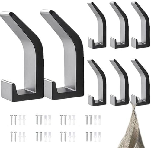 Qivine 8 Pièces Patère à Double Tête Murale, Porte Manteau Mural en Alliage d'Aluminium, Patere Murale avec 16 Vis Invisibles, Sans Perçage, pour Salle de Bain, Chambre, Porte, Noir