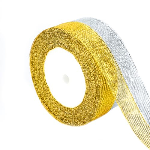 KINGLAKE Geschenkband Gold und Silber 44M,Weihnachtenband Organza,Schleifenband 2cm,Dekorativ Satinband Geeignet für Geschenk Verpackungen,Weihnachts und Hochzeitsdekoration,Handgefertigt
