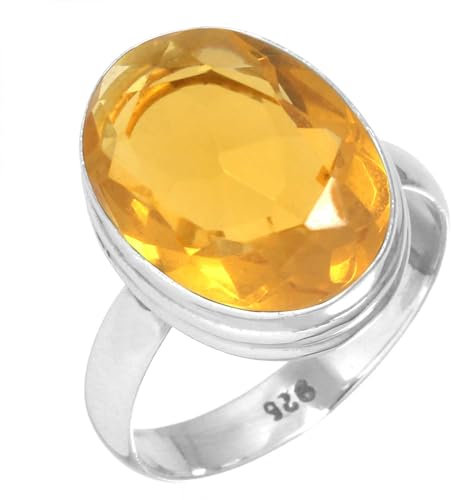 Jeweloporium Gelber Citrinquarz Silberring Größe 65 (20,7), 925 Sterling Silber Ring für Damen, klobiger ovaler Edelstein Boho Schmuck