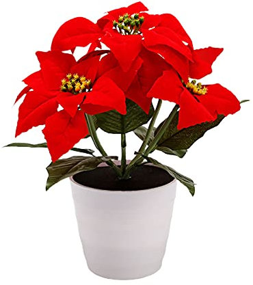 MOTUZP Pianta da Vaso Artificiale di Seta Rossa Stella di Natale di Natale LED Energia Solare Decorativa, Piante di Stella di Natale Finte Fiori di Natale con Luce per la Casa Tavolo
